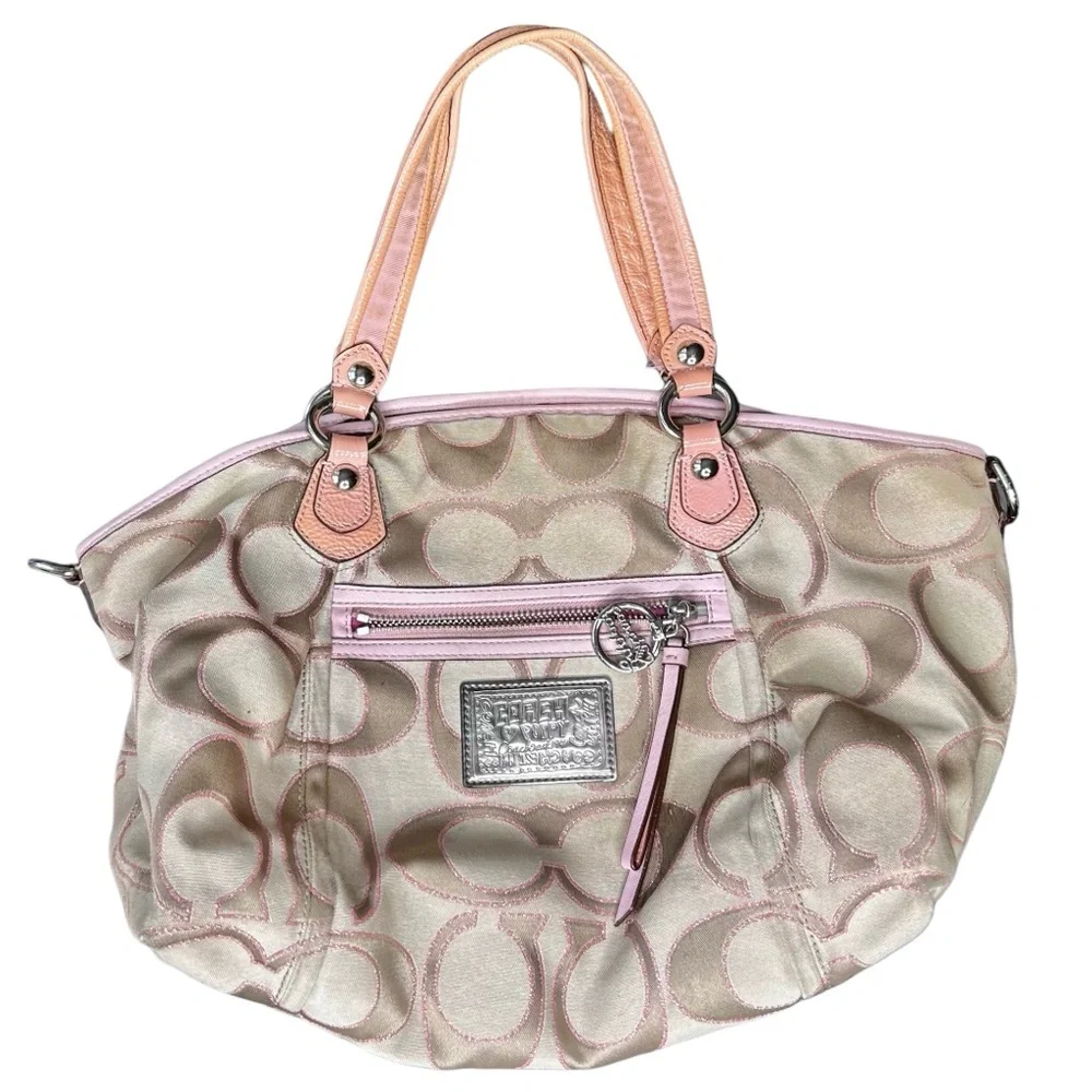 COACH Poppy 16295 Signature Khaki Tan & Pink Vintage Hobo Bag
